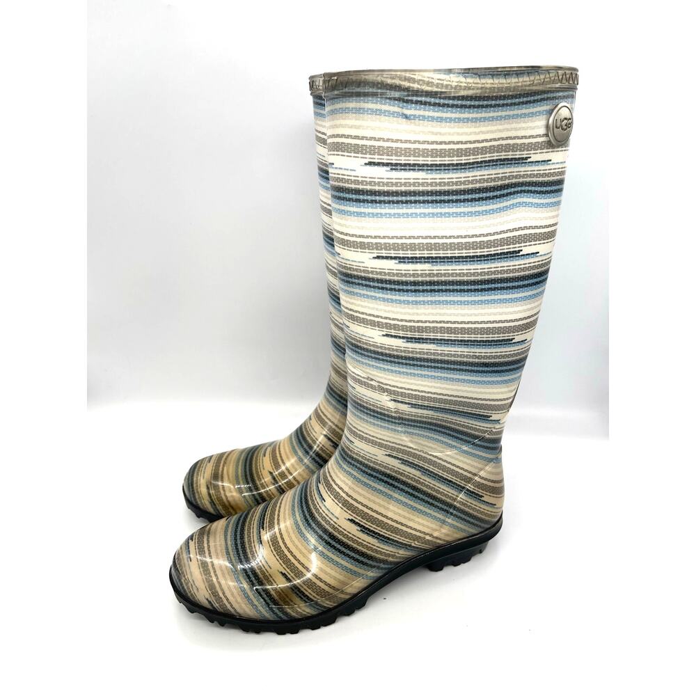 UGG Shaye Striped Rubber Rainboots Women's Size 7 Blue / Gray / White